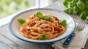 A bowl of sundried tomato pasta garnished with basil and Parmesan on a rustic table.