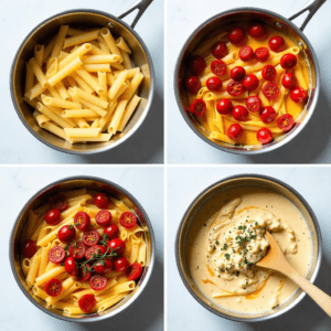 Step-by-step recipe collage for sundried tomato pasta.