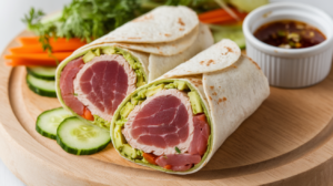 Tuna and avocado wrap with cucumber and carrots.