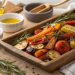 A colorful variety of roasted vegetables on a rustic wooden tray with fresh herbs and spices.