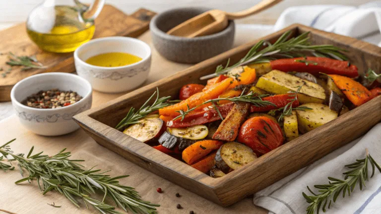 A colorful variety of roasted vegetables on a rustic wooden tray with fresh herbs and spices.