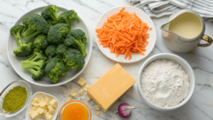 Ingredients for broccoli cheddar soup arranged on a marble countertop.