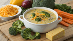 A bowl of creamy broccoli cheddar soup with fresh broccoli, carrots, and cheese in the background