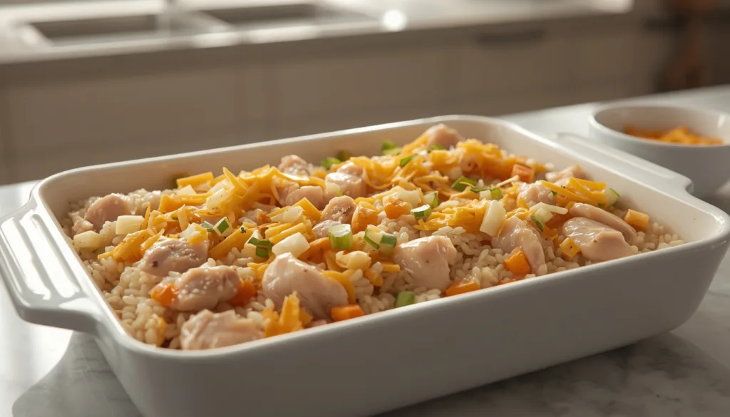 Easy Cheesy Chicken and Rice Casserole 9 Preparing cheesy chicken and rice casserole before baking