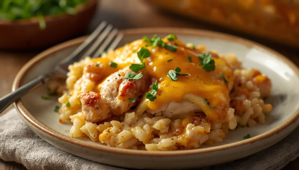 Easy Cheesy Chicken and Rice Casserole 10 Cheesy chicken and rice casserole served for dinner