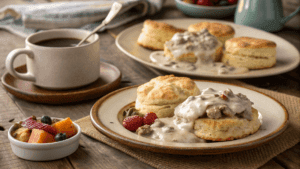 A classic Southern breakfast featuring flaky biscuits topped with creamy sausage gravy, served on rustic plates alongside a steaming cup of coffee and fresh fruit.