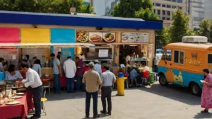 A bustling halal food truck serving customers with colorful dishes displayed on the counter and happy patrons enjoying their meals