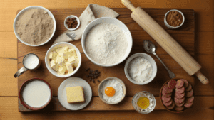 A deconstructed arrangement of ingredients for biscuits and gravy, including flour, butter, milk, sausage, and spices on a wooden countertop.