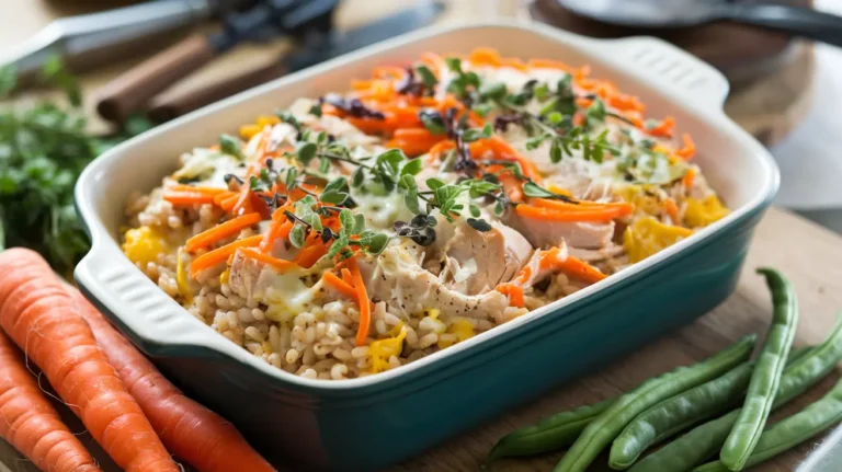 rice and shredded chicken layered in a casserole dish