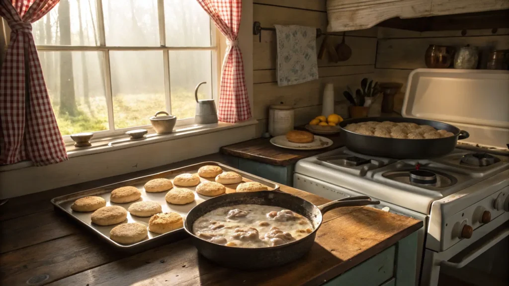 Cozy country kitchen with freshly baked biscuits and skillet of creamy sausage gravy, sunlit ambiance.