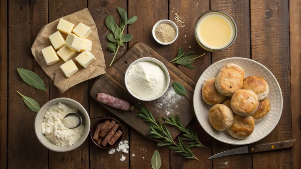 Overhead view of biscuits and gravy ingredients—flour, butter, buttermilk, sausage, milk, pepper, and sage on wood background.

