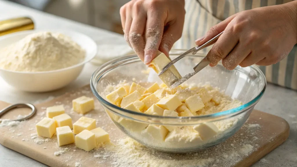 Hands cutting cold butter into flour with pastry cutter for biscuit dough preparation.