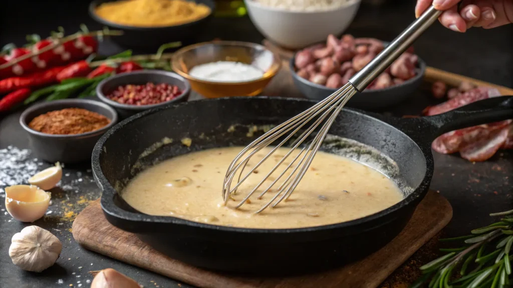 Whisk mixing flour into sausage fat creating a golden roux in a cast iron skillet.