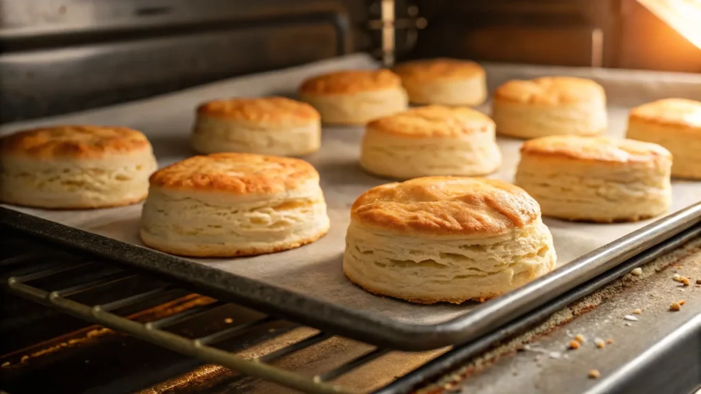 Biscuits rising and turning golden brown inside oven during baking process.