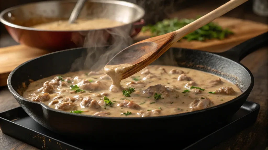 Creamy sausage gravy simmering in skillet on stovetop, wooden spoon stirring gently.