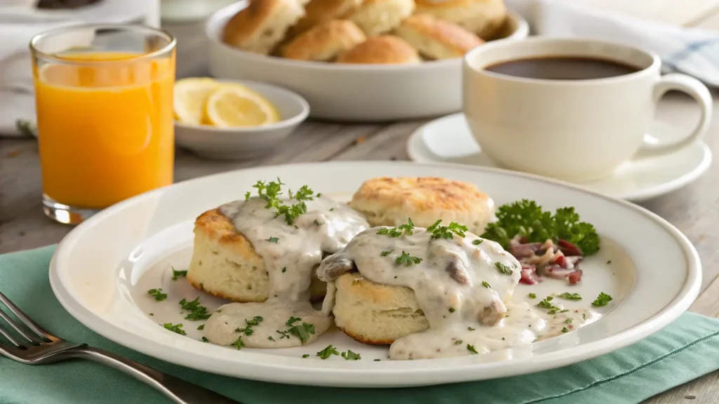 Elegantly plated biscuits and gravy garnished with parsley, served with orange juice and coffee.