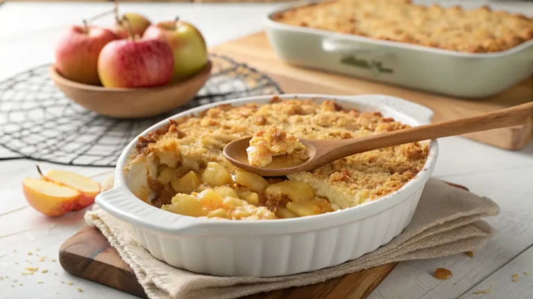 Freshly baked apple crumble in a white dish with a golden crispy topping and juicy apple filling, ready to be served.