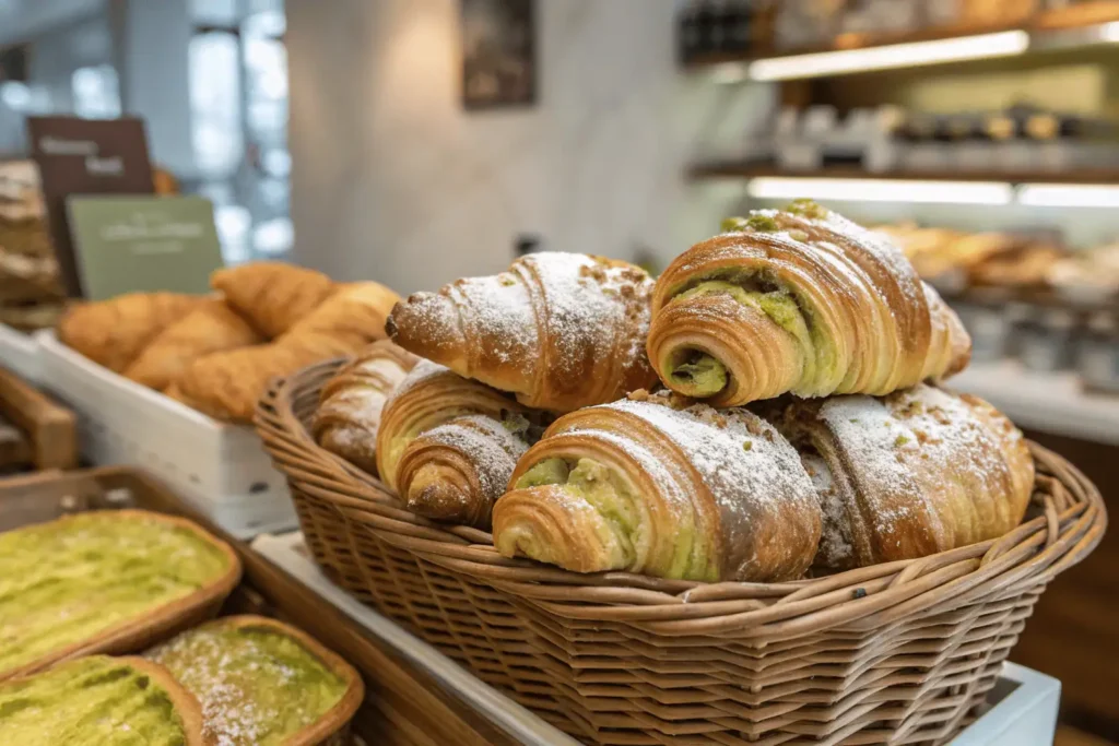 Artisanal pistachio croissants on a bakery display, golden and flaky, topped with crushed pistachios and powdered sugar.