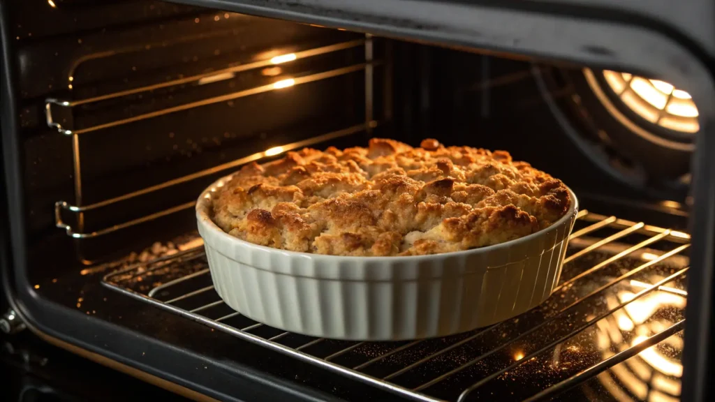 Apple crumble baking in the oven, with a golden crispy topping and bubbling apple filling