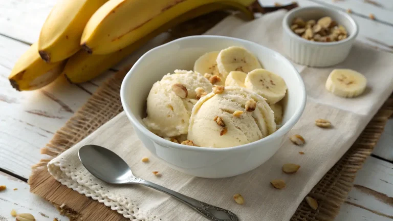 Homemade banana ice cream in a white bowl, topped with banana slices and nuts – a creamy, dairy-free, 2-ingredient ice cream recipe