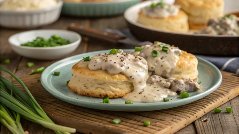 Classic biscuits and gravy breakfast served on a rustic table, biscuits covered in creamy sausage gravy garnished with black pepper and green onions.