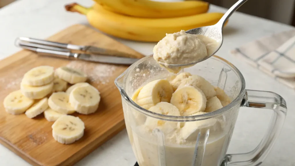 Step 3: Blending frozen bananas into a creamy banana ice cream. Step 4: Smooth, dairy-free ice cream ready for freezing