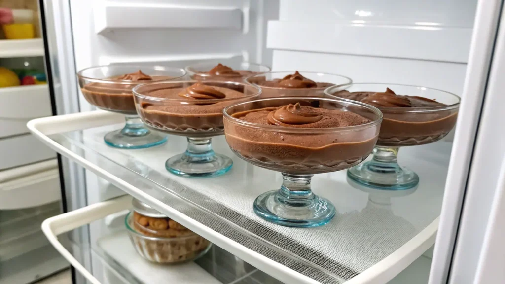 Chocolate mousse portions in glass dishes chilling in refrigerator