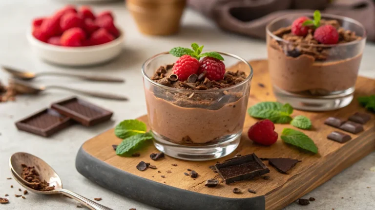 "Homemade chocolate mousse elegantly served in a glass, garnished with raspberries and chocolate shavings