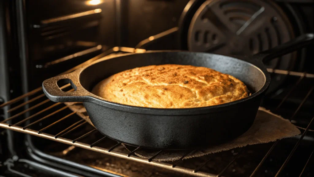 Golden cornbread baking in a cast-iron skillet, a traditional Southern New Year’s favorite.