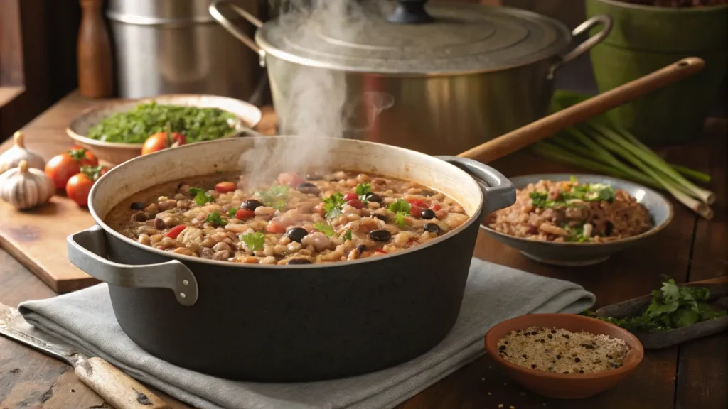 Hoppin’ John simmering in a pot, blending black-eyed peas, rice, and spices for a traditional South Carolina dish