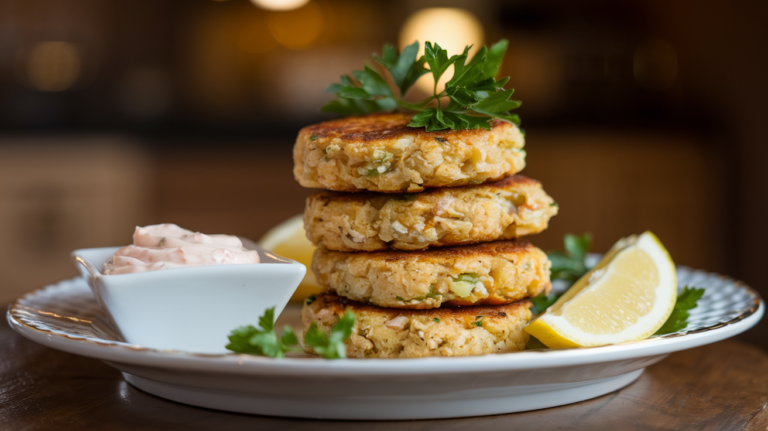 A plate of golden-brown gluten-free crab cakes garnished with fresh parsley and lemon wedges, served with a side of tartar sauce.