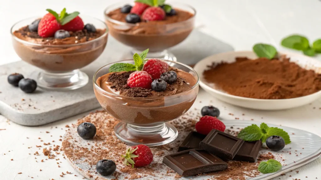 Elegant chocolate mousse dessert topped with berries and mint, ready to serve