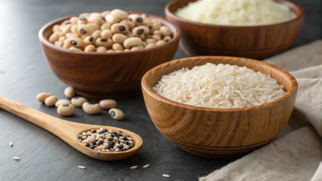 Raw black-eyed peas and long-grain rice in wooden bowls, essential ingredients for South Carolina’s Hoppin’ John