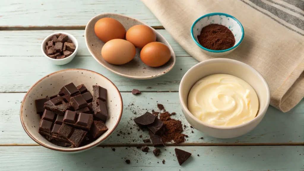 Flat lay of chocolate mousse ingredients: dark chocolate, eggs, and heavy cream.