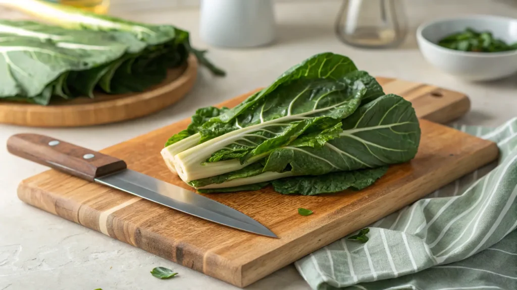 Fresh collard greens on a wooden cutting board, a key ingredient in South Carolina’s New Year’s meal."