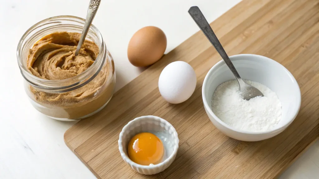 Flat-lay of three ingredients for peanut butter cookies: natural peanut butter, sugar, and an egg, set on a wooden kitchen counter