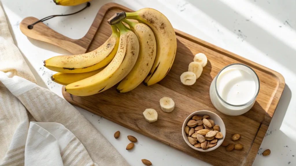 Ingredients for banana ice cream: ripe bananas and almond milk on a wooden board, ready for a simple and healthy homemade dessert