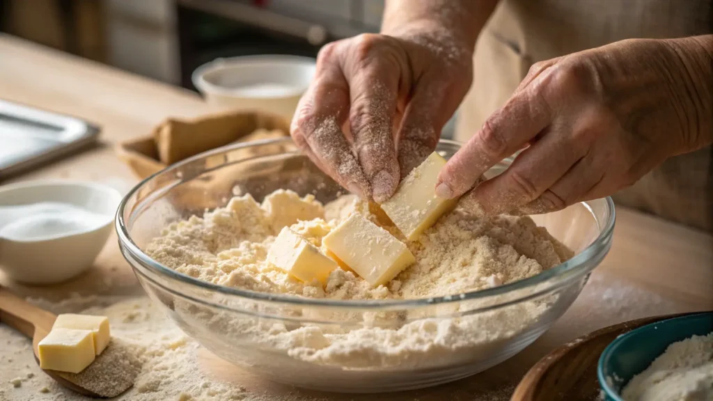 Hands mixing flour, butter, and sugar in a bowl to create a perfect crumble topping for apple crumble