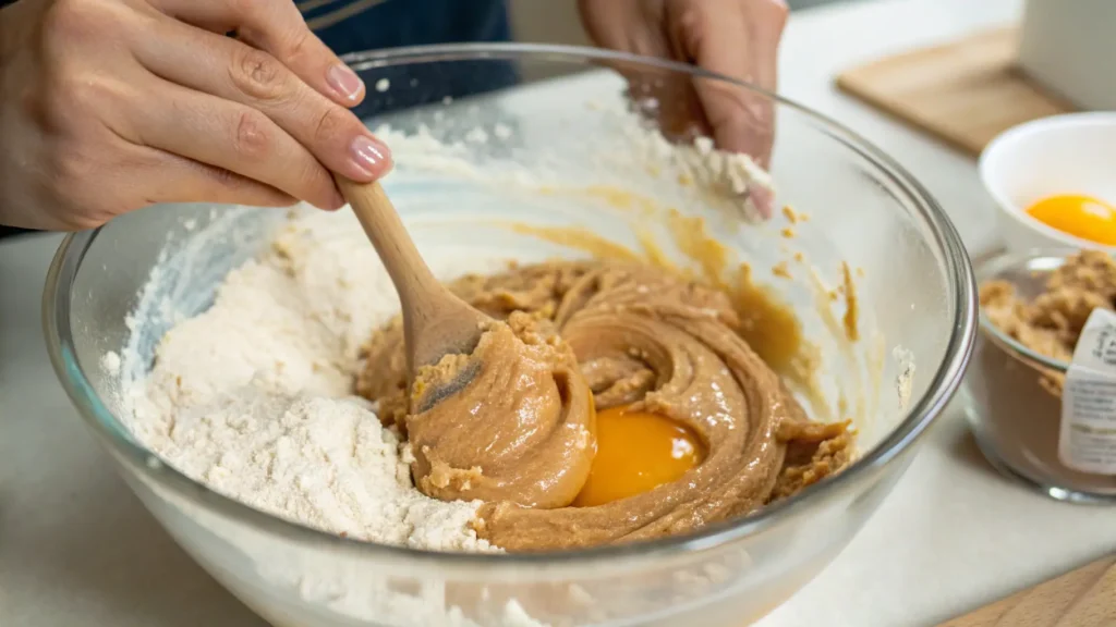 A close-up of hands mixing peanut butter, sugar, and an egg in a bowl, creating a smooth and creamy cookie dough