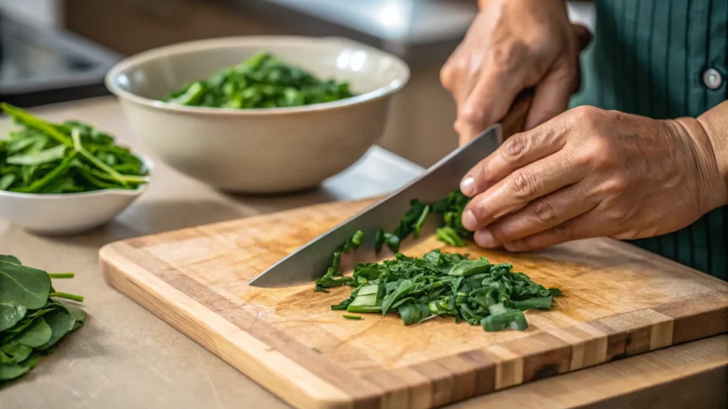 Chopping fresh collard greens into thin strips for a traditional Southern New Year’s dish