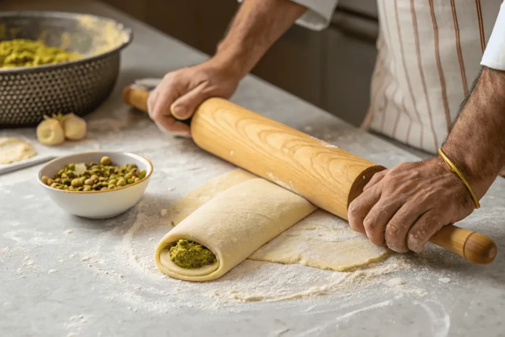 Baker rolling out croissant dough on a floured surface, preparing it for lamination.