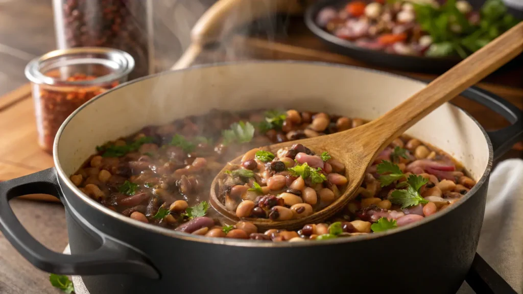 Black-eyed peas simmering in a pot with onions and seasonings, the base of Hoppin’ John