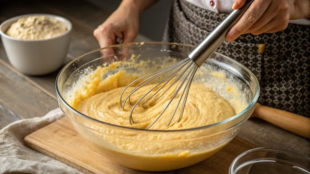 Mixing cornbread batter in a glass bowl, preparing a golden, fluffy Southern-style cornbread