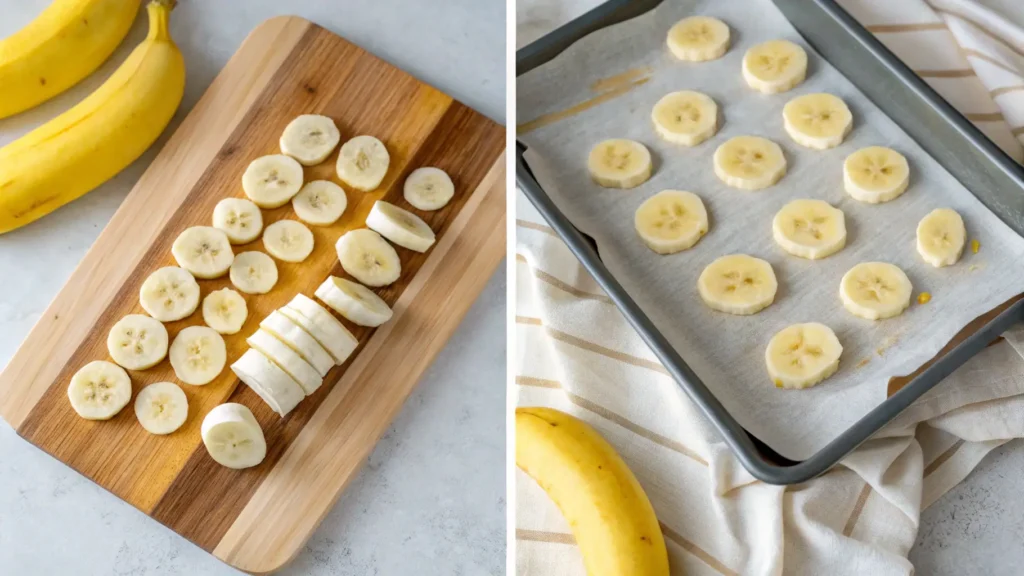 Slicing ripe bananas for banana ice cream. Step 2: Freezing banana slices on a tray for a creamy homemade dessert