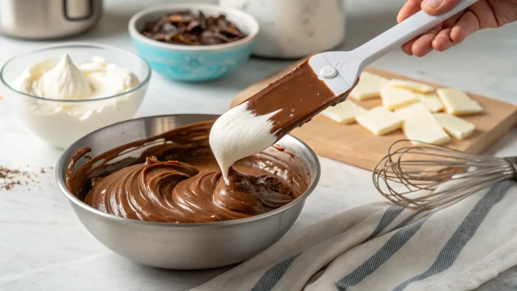 Folding whipped cream into melted chocolate for mousse preparation