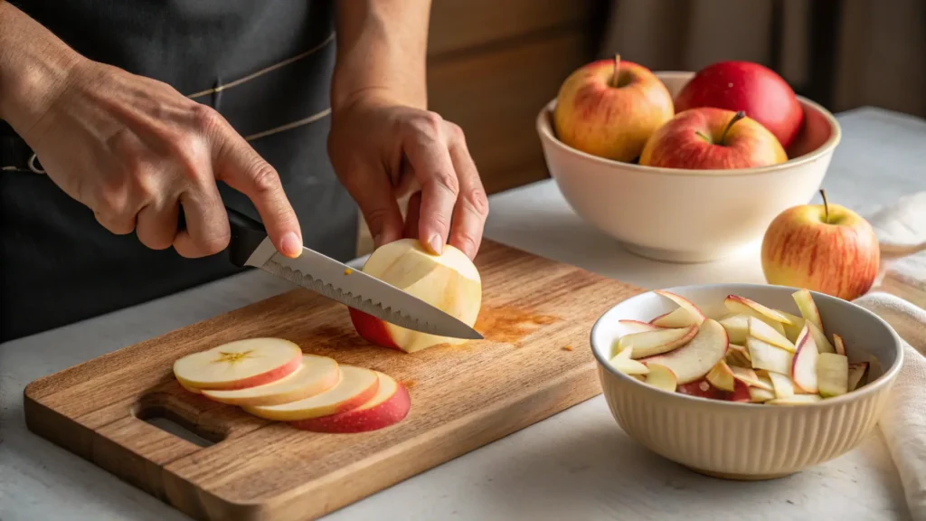 Hands slicing apples on a wooden board, preparing fresh fruit for an easy apple crumble recipe