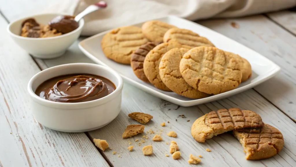 A plate of freshly baked peanut butter cookies with a side of melted chocolate, presented on a wooden table for a cozy, homemade feel