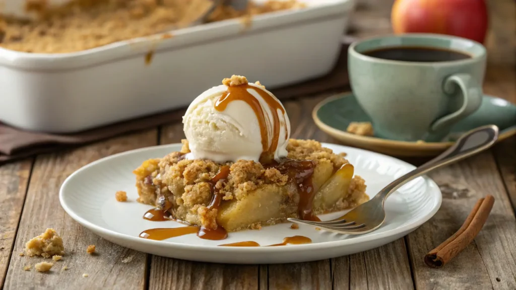 A warm serving of apple crumble with a scoop of vanilla ice cream on top, drizzled with caramel sauce, served on a white plate