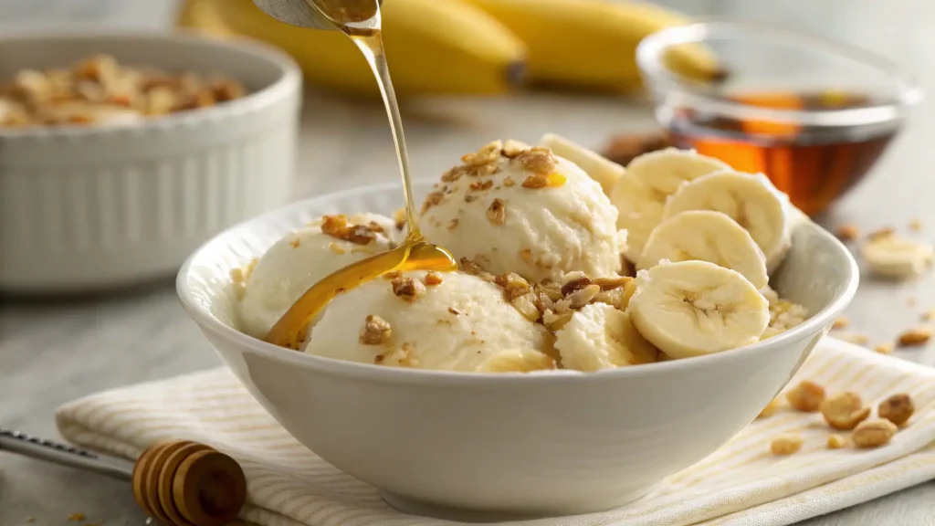 Homemade banana ice cream served with banana slices and nuts, a delicious and healthy 2-ingredient frozen dessert