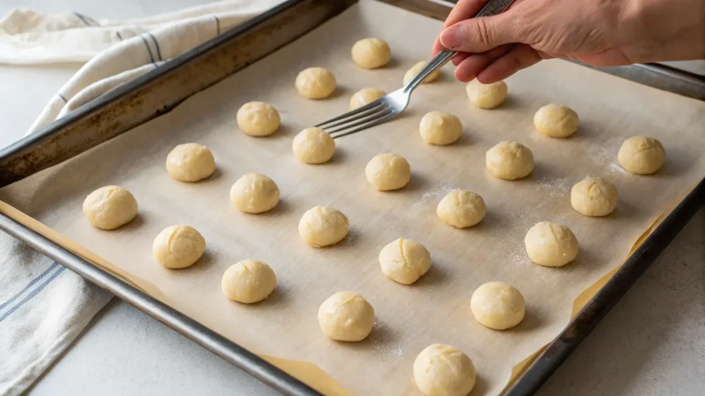 A baking sheet with peanut butter cookie dough balls being pressed with a fork to create the classic crisscross pattern before baking